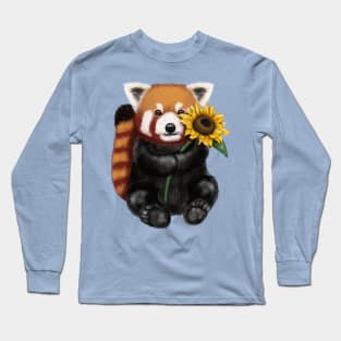 Cute Red Panda Holding Sunflower Long Sleeve T-Shirt